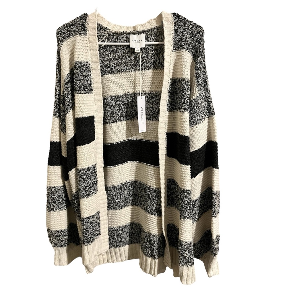 Gilli Thinking About You Black and White Striped Knit Cardigan Sweater size med
